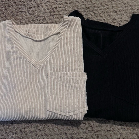 Tops - Elegant V-Neck Blouse Set - Black and Cream